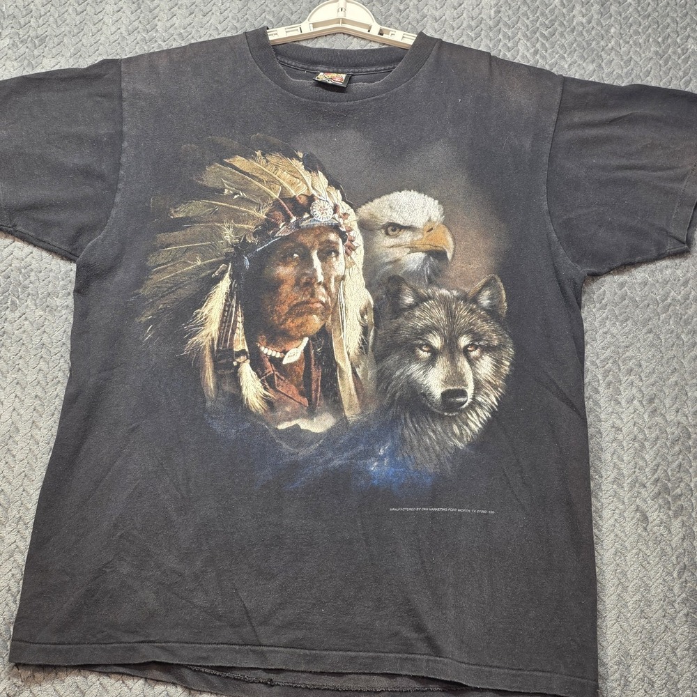 Vintage 3D Emblem Men's Large T-Shirt Black Eagle Wolf Graphic Made In USA 1993